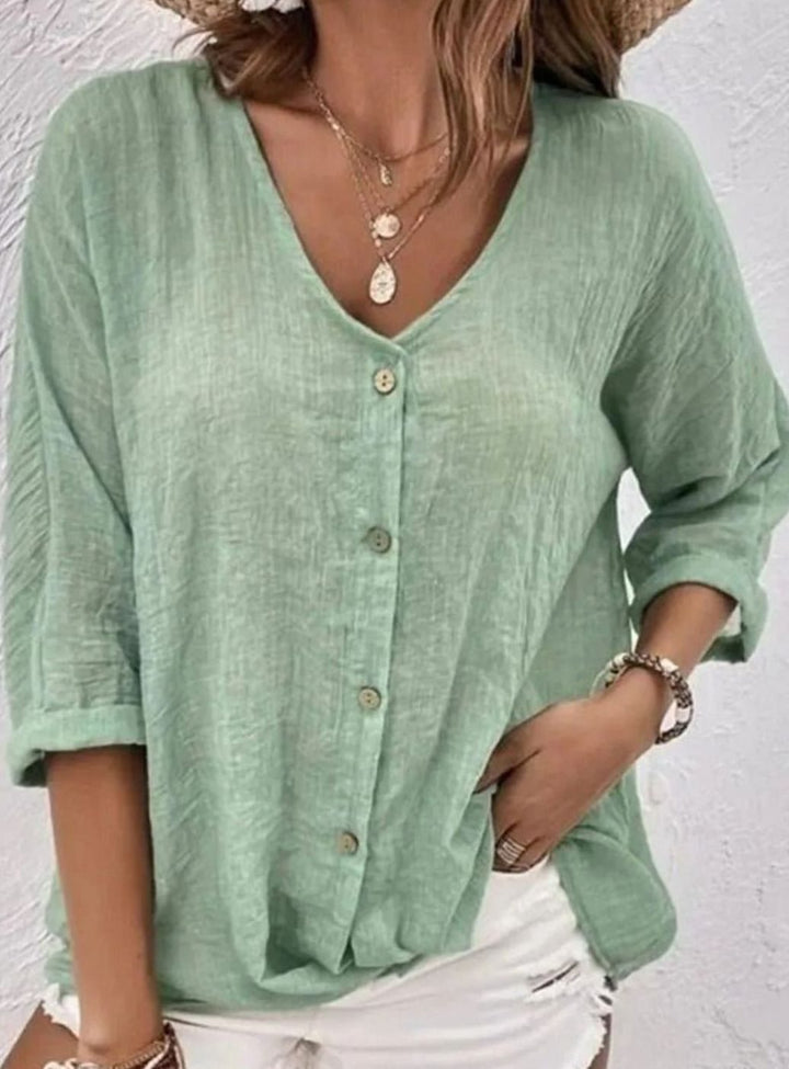 Women's Relaxed-Fit Crinkle Cotton V-Neck Button-Front Blouse - Mint Green