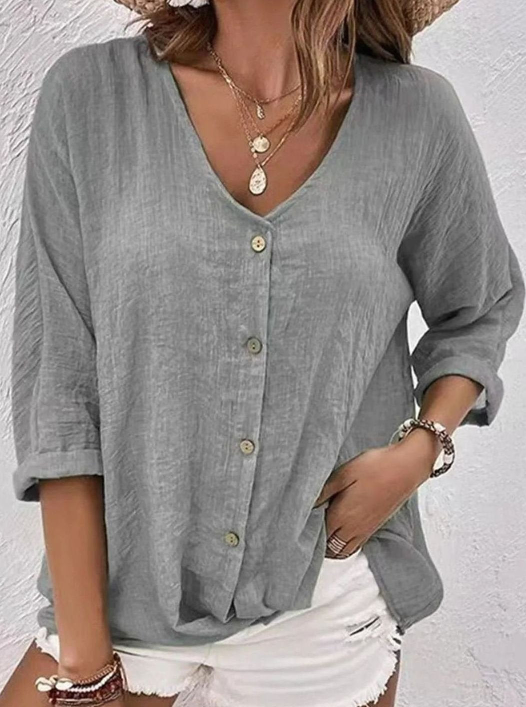 Women's Relaxed-Fit Crinkle Cotton V-Neck Button-Front Blouse - Light Grey