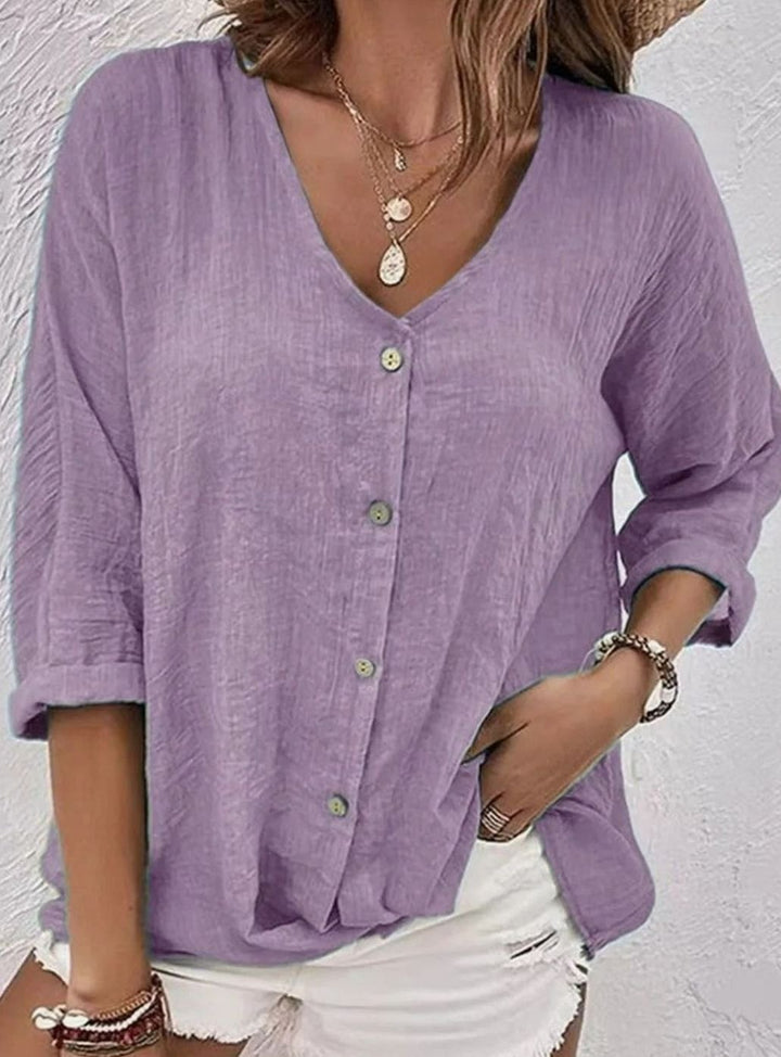 Women's Relaxed-Fit Crinkle Cotton V-Neck Button-Front Blouse - Light Purple