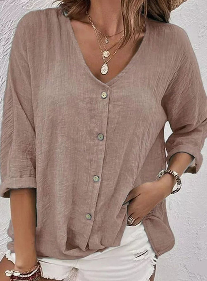 Women's Relaxed-Fit Crinkle Cotton V-Neck Button-Front Blouse - Light Brown