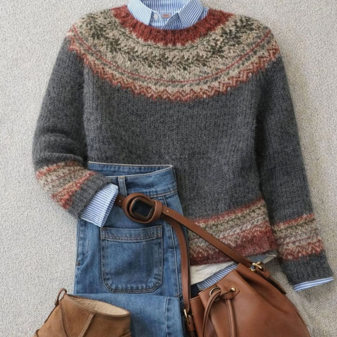 Women's Relaxed-Fit Fair Isle Nordic Knit Crewneck Jumper - Grey