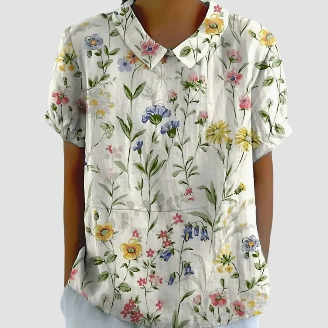 Women's Relaxed-Fit Floral Linen Short Sleeve Collared Blouse - White