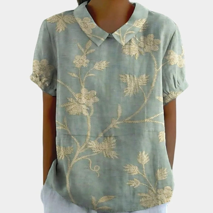Women's Relaxed-Fit Floral Linen Short Sleeve Collared Blouse - Sage Green 3