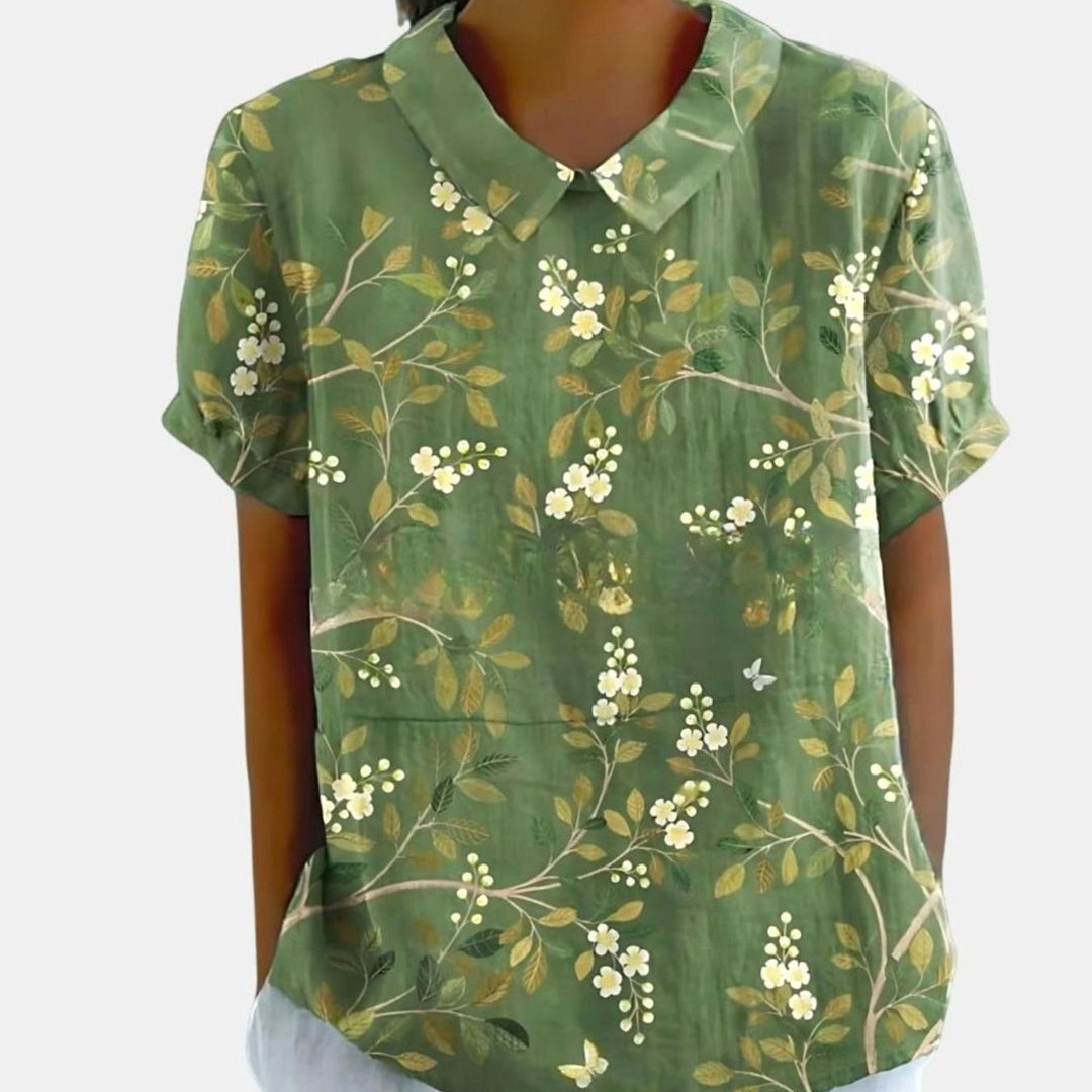 Women's Relaxed-Fit Floral Linen Short Sleeve Collared Blouse - Green