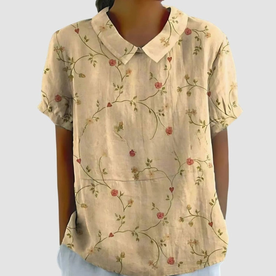 Women's Relaxed-Fit Floral Linen Short Sleeve Collared Blouse - Light Yellow