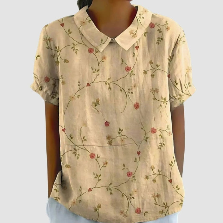 Women's Relaxed-Fit Floral Linen Short Sleeve Collared Blouse - Light Yellow