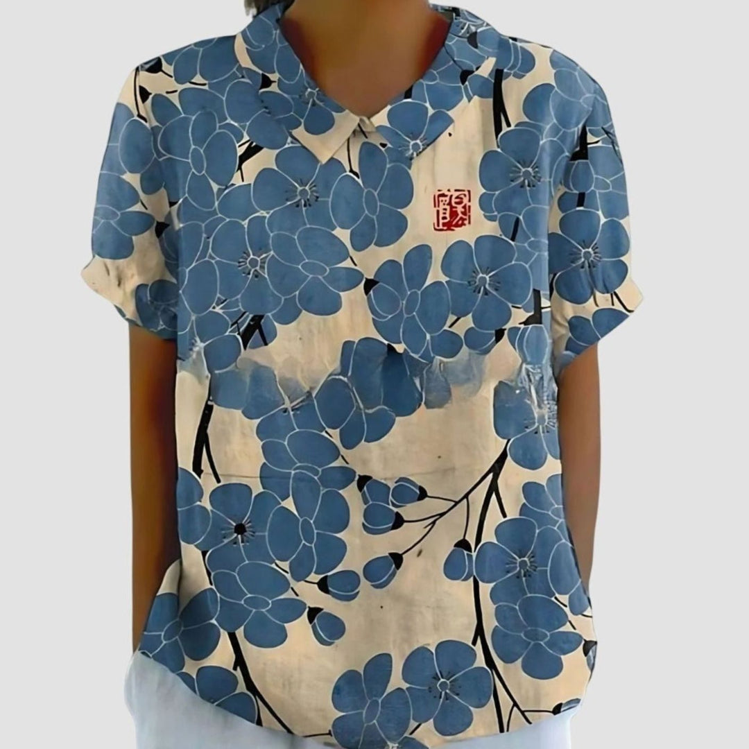 Women's Relaxed-Fit Floral Linen Short Sleeve Collared Blouse - Dusty Blue