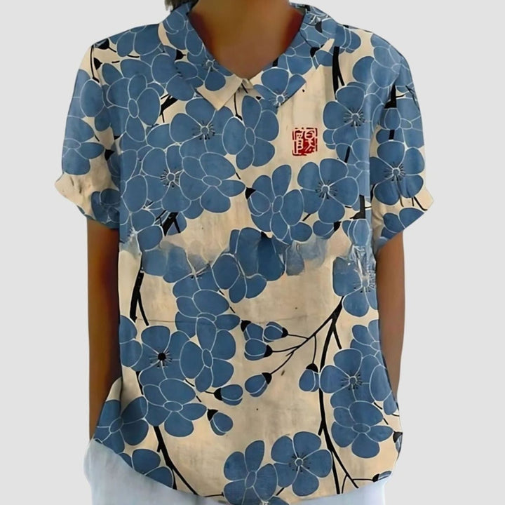 Women's Relaxed-Fit Floral Linen Short Sleeve Collared Blouse - Dusty Blue