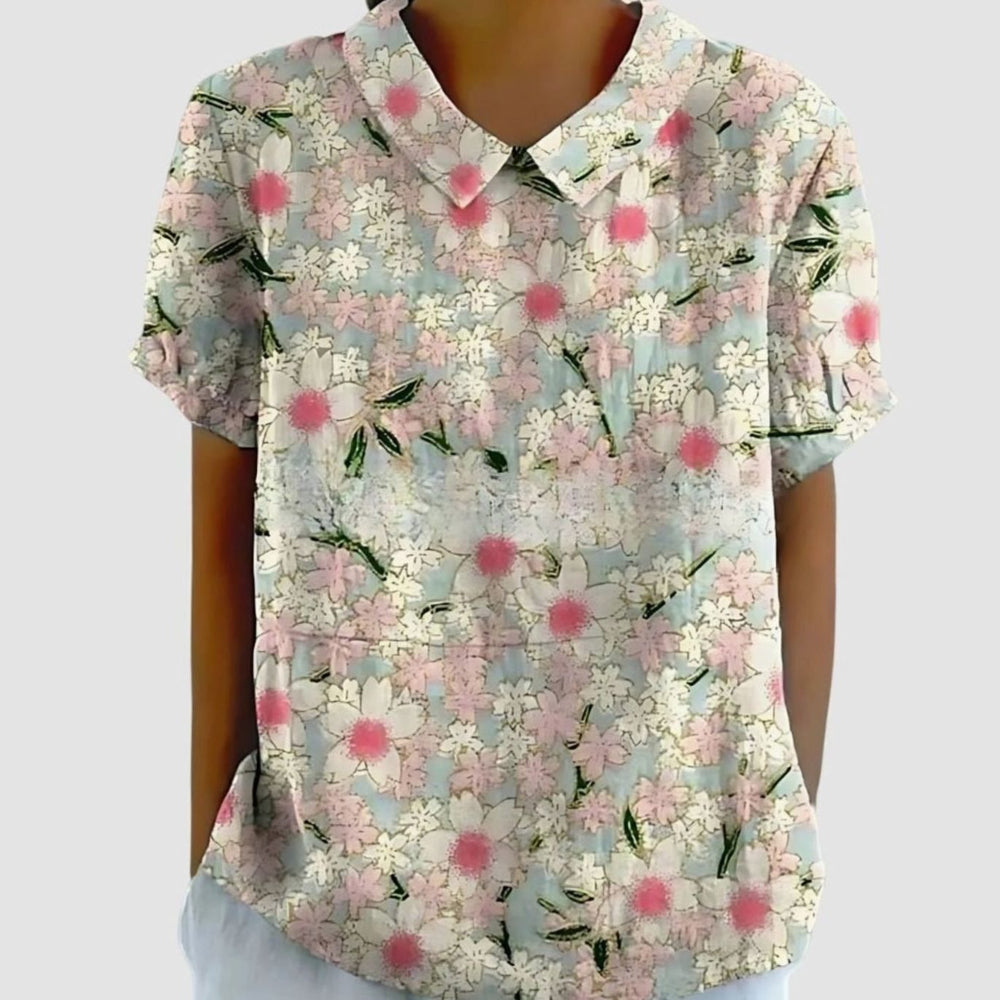 Women's Relaxed-Fit Floral Linen Short Sleeve Collared Blouse - White 2