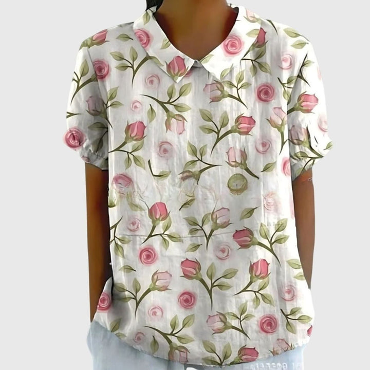 Women's Relaxed-Fit Floral Linen Short Sleeve Collared Blouse - White 3