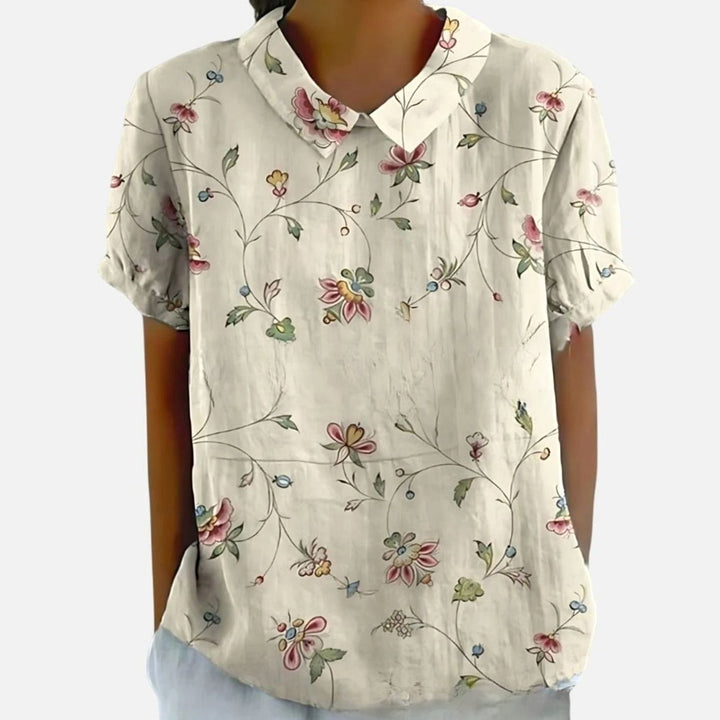 Women's Relaxed-Fit Floral Linen Short Sleeve Collared Blouse - White 4