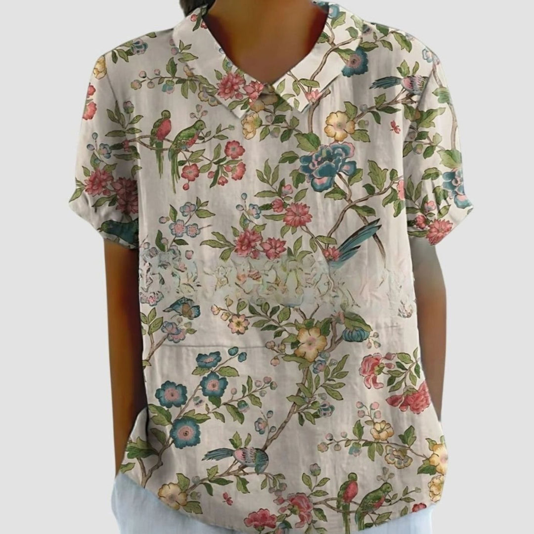 Women's Relaxed-Fit Floral Linen Short Sleeve Collared Blouse - White 5