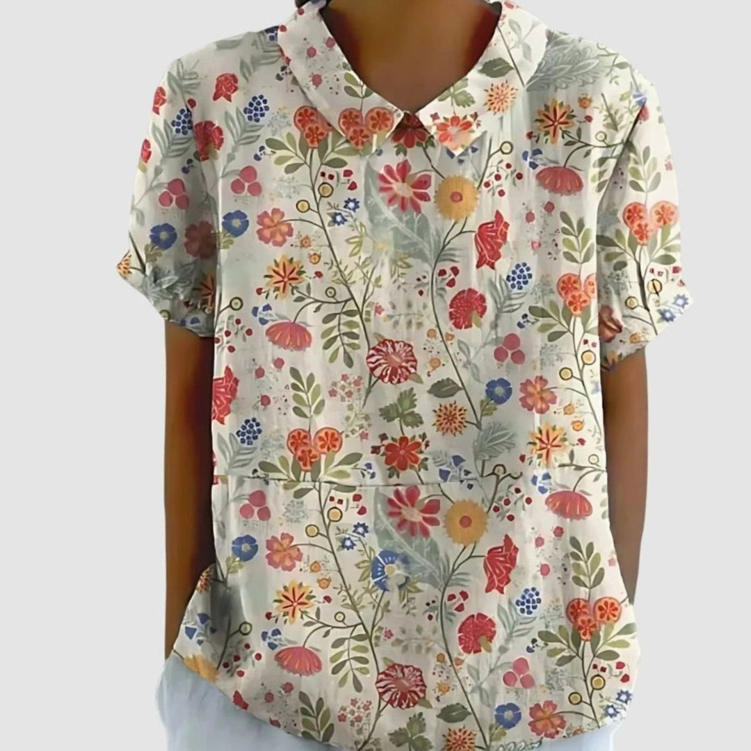 Women's Relaxed-Fit Floral Linen Short Sleeve Collared Blouse - White 6