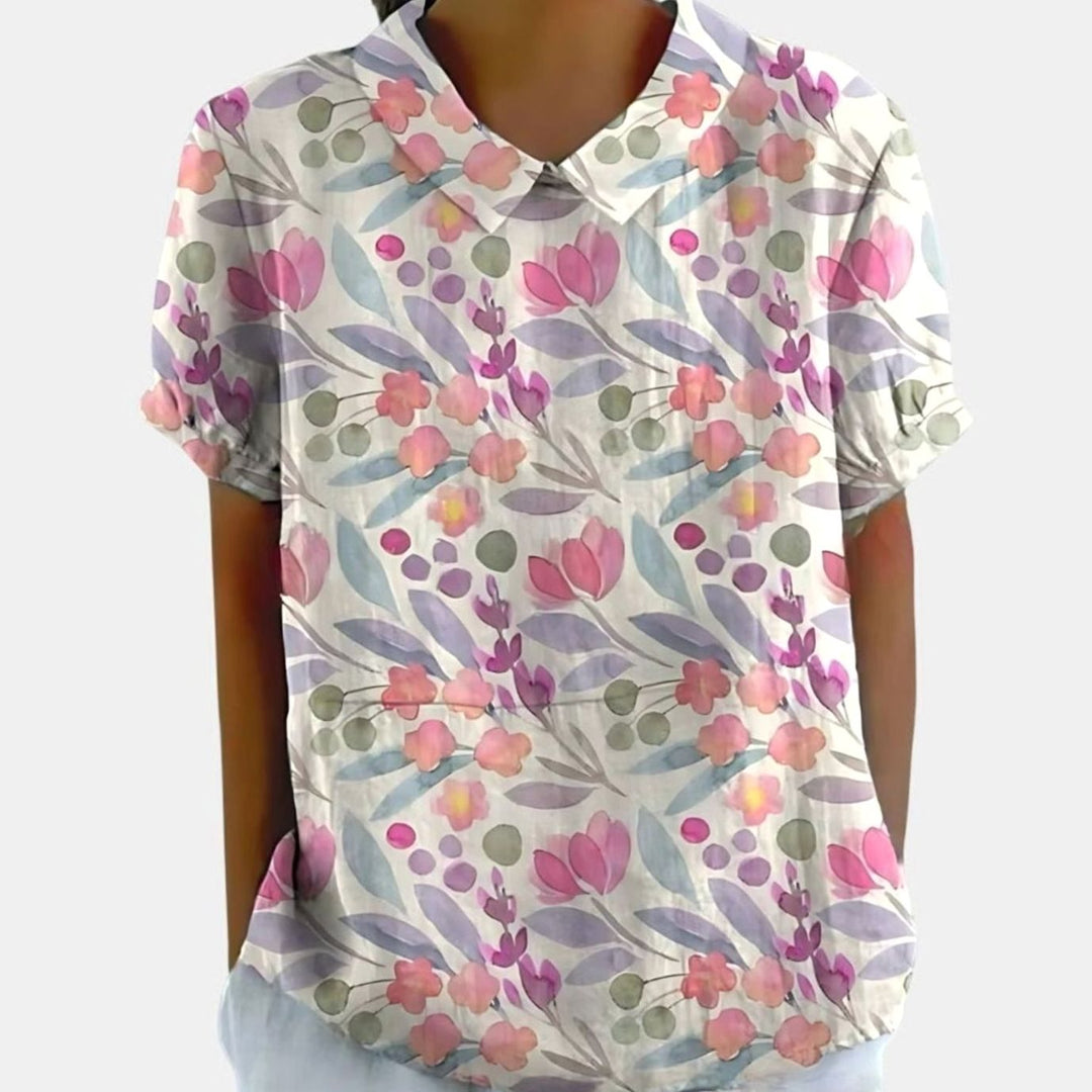 Women's Relaxed-Fit Floral Linen Short Sleeve Collared Blouse - White 7