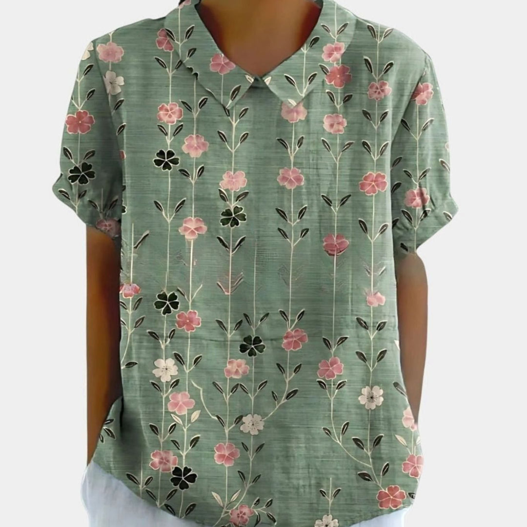 Women's Relaxed-Fit Floral Linen Short Sleeve Collared Blouse - Sage Green