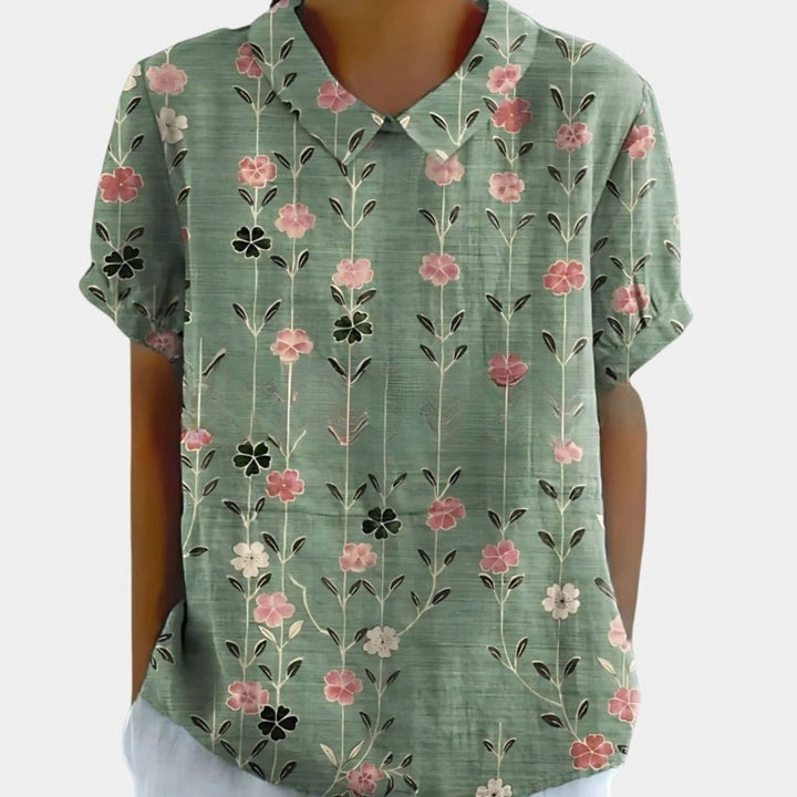 Women's Relaxed-Fit Floral Linen Short Sleeve Collared Blouse - Sage Green