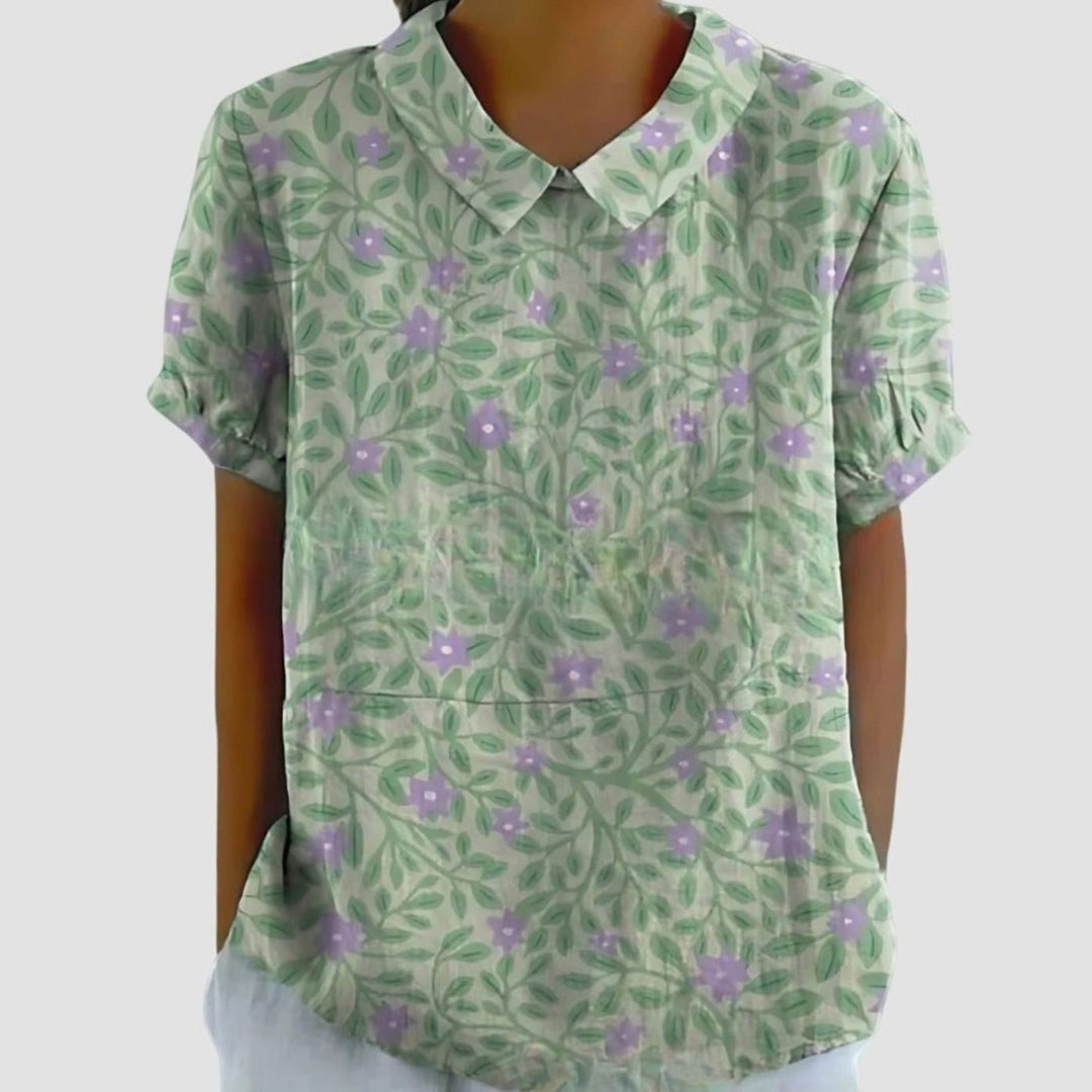 Women's Relaxed-Fit Floral Linen Short Sleeve Collared Blouse - Sage Green 2