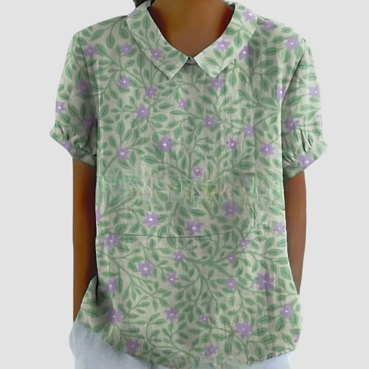 Women's Relaxed-Fit Floral Linen Short Sleeve Collared Blouse - Sage Green 2