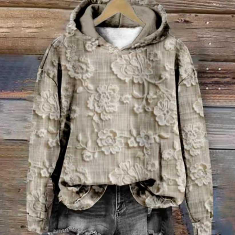 Women's Relaxed-Fit Floral Print Fleece-Lined Hoodie - Beige Dream