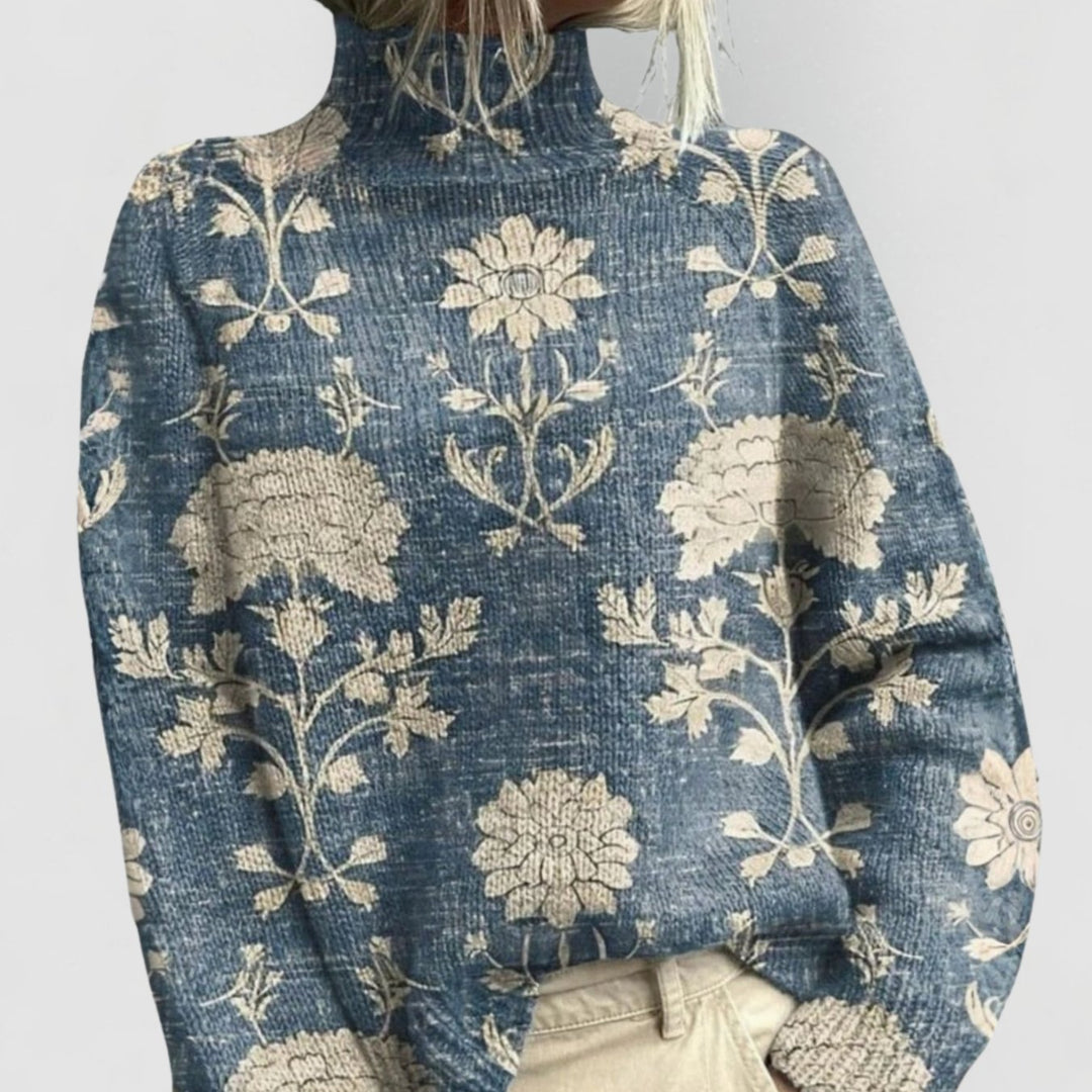 Women's Relaxed-Fit Floral Print Turtleneck Jumper Ribbed Cuffs - Light Blue