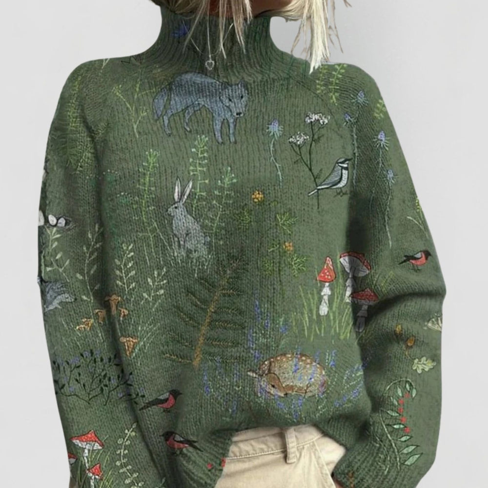 Women's Relaxed-Fit Floral Print Turtleneck Jumper Ribbed Cuffs - Green
