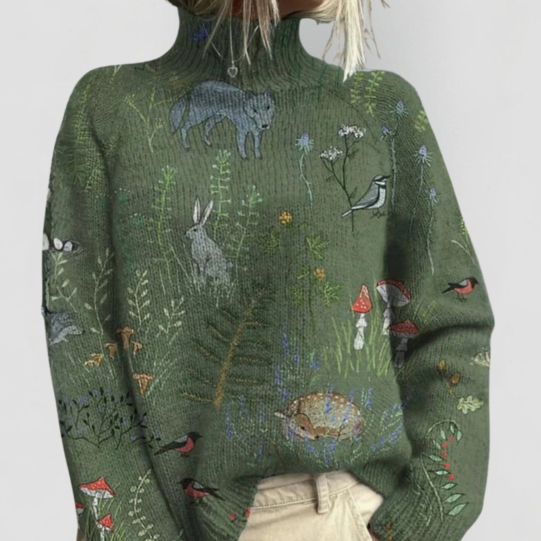 Women's Relaxed-Fit Floral Print Turtleneck Jumper Ribbed Cuffs - Green