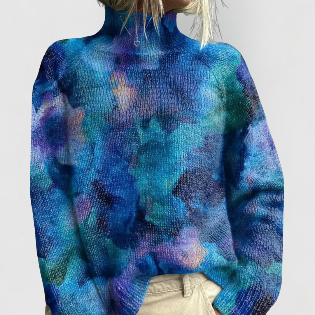 Women's Relaxed-Fit Floral Print Turtleneck Jumper Ribbed Cuffs - Blue