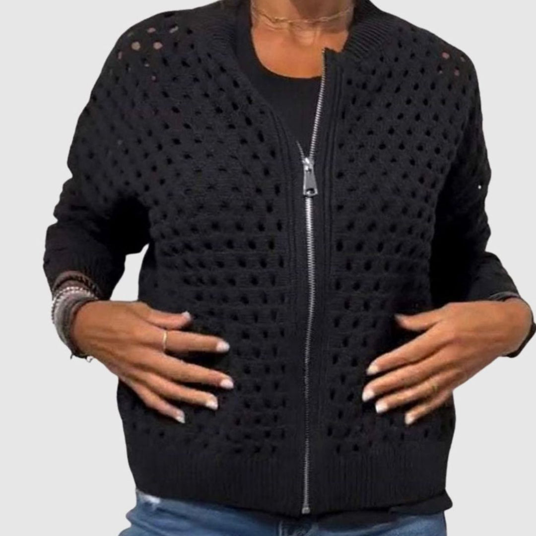 Women's Relaxed-Fit Hollow-Knit Full-Zip Cardigan - Black