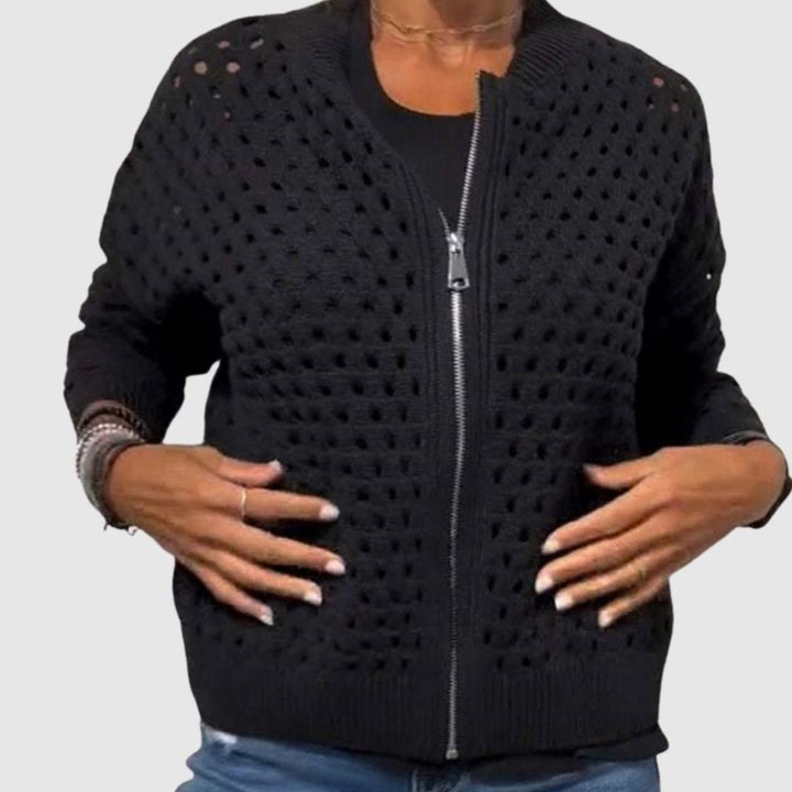 Women's Relaxed-Fit Hollow-Knit Full-Zip Cardigan - Black