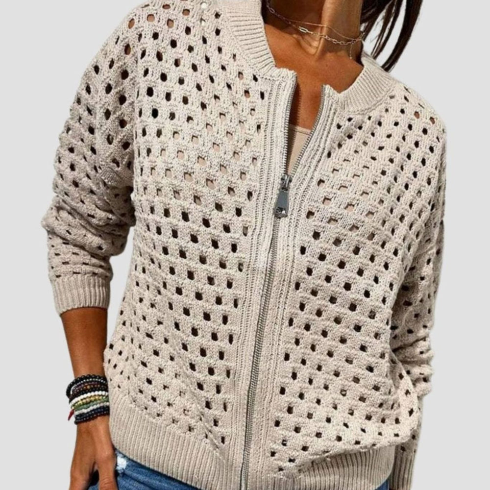 Women's Relaxed-Fit Hollow-Knit Full-Zip Cardigan - Beige