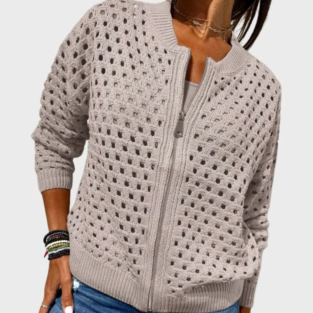 Women's Relaxed-Fit Hollow-Knit Full-Zip Cardigan - Khaki