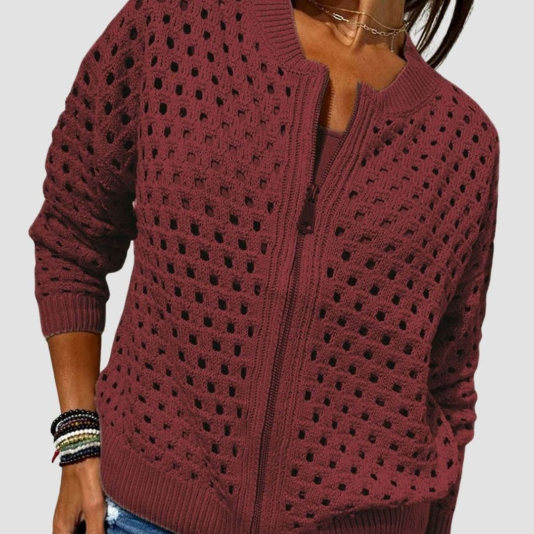 Women's Relaxed-Fit Hollow-Knit Full-Zip Cardigan - Burgundy
