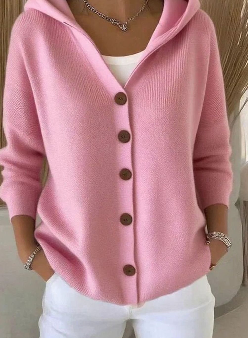 Women's Relaxed-Fit Hooded Button-Front Knit Cardigan - Pink