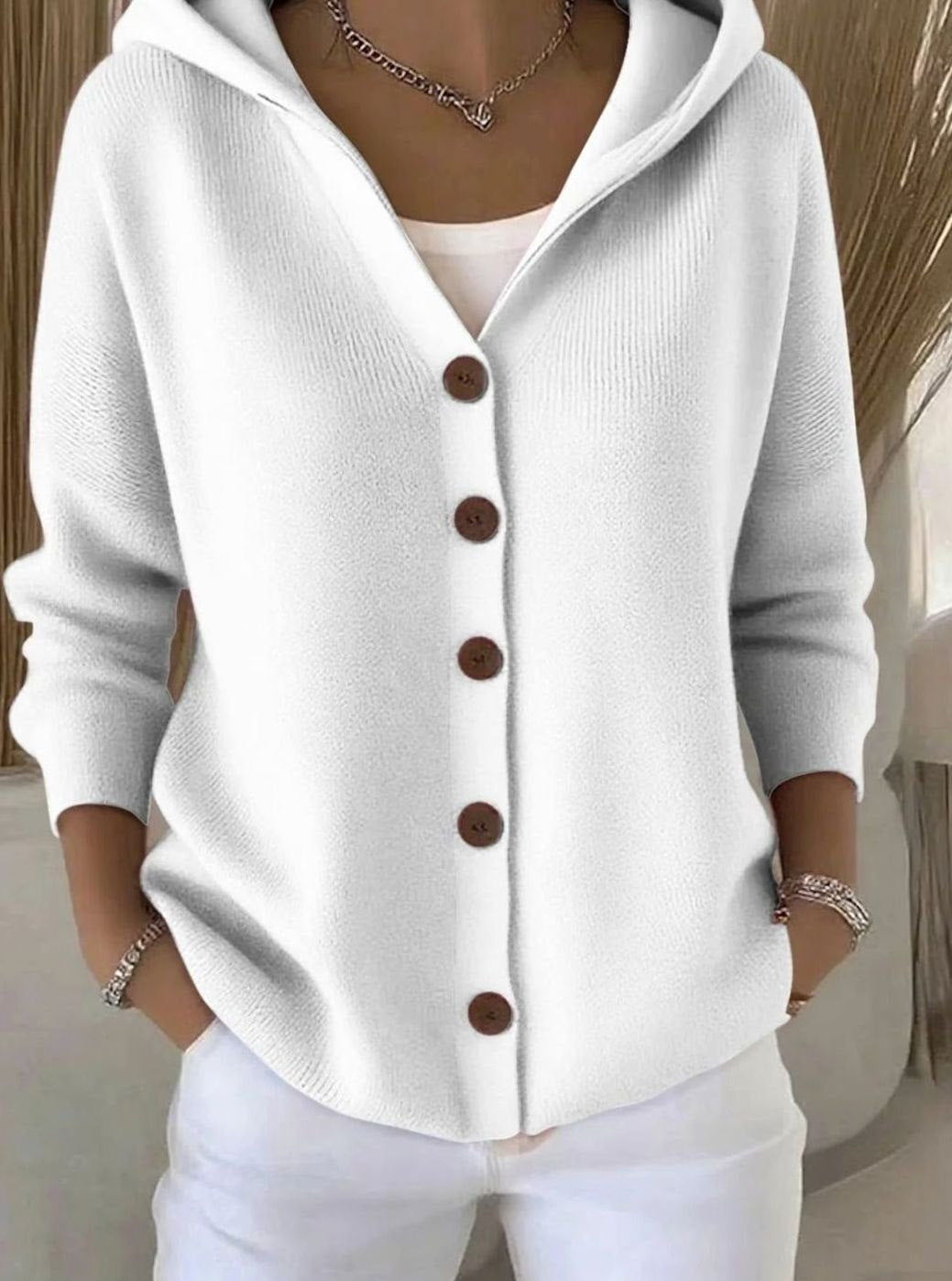 Women's Relaxed-Fit Hooded Button-Front Knit Cardigan - White