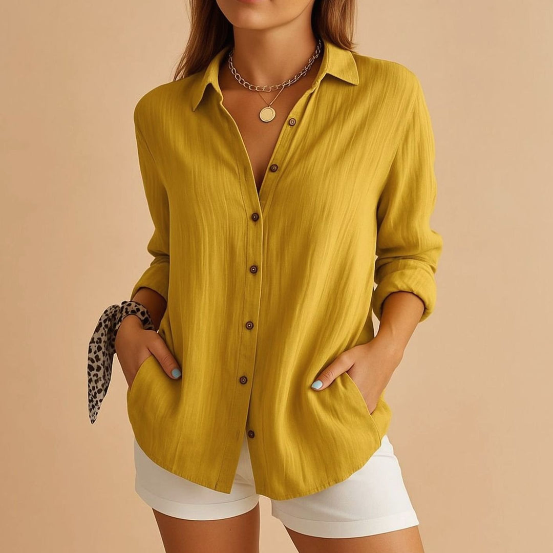 Women's Relaxed-Fit Long-Sleeve Linen Button-Down Blouse - Yellow