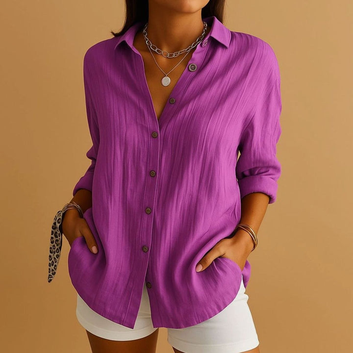 Women's Relaxed-Fit Long-Sleeve Linen Button-Down Blouse - Purple