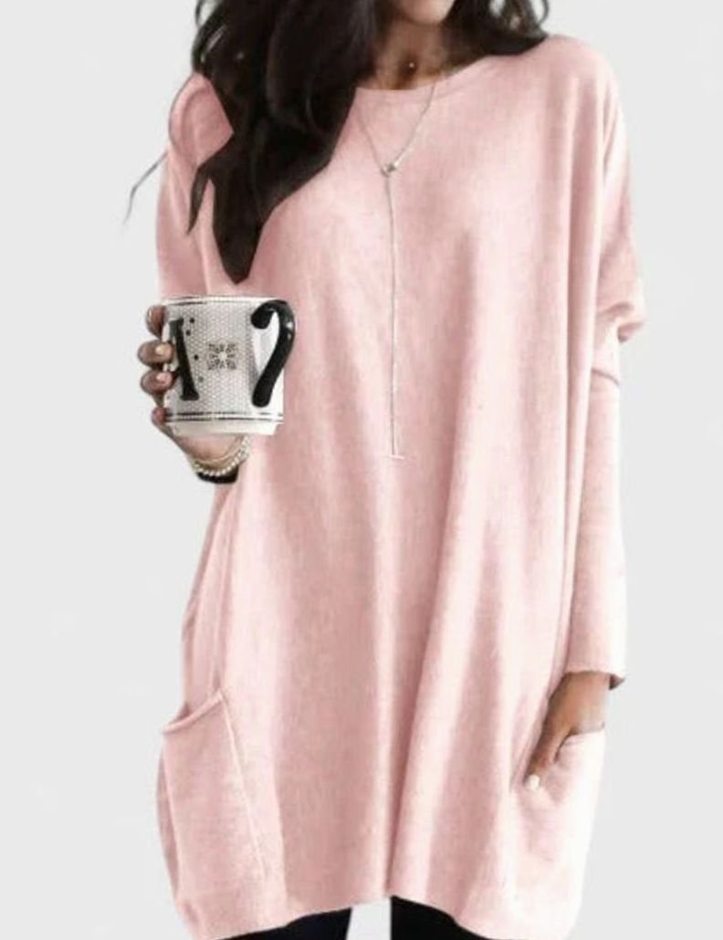 Women's Relaxed-Fit Long-Sleeve Pocket Tunic Jumper - Pink