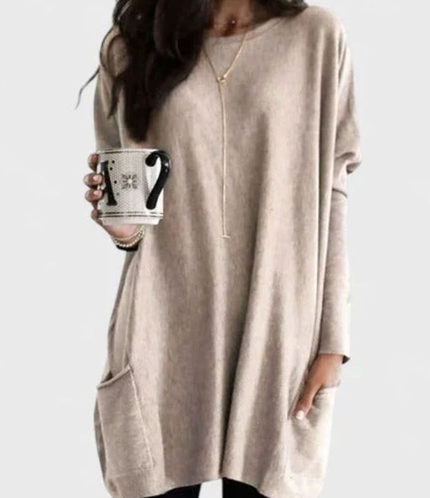 Women's Relaxed-Fit Long-Sleeve Pocket Tunic Jumper - Beige