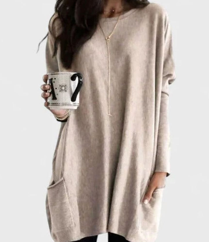 Women's Relaxed-Fit Long-Sleeve Pocket Tunic Jumper - Beige