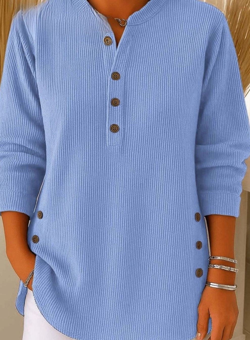 Women's Relaxed-Fit Longline Henley Ribbed Tunic Top - Blue