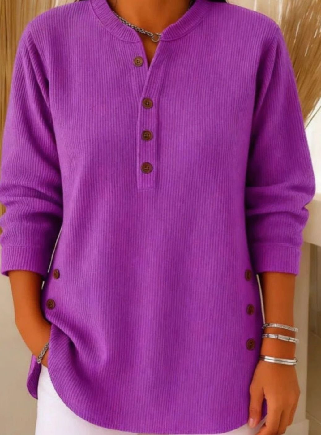 Women's Relaxed-Fit Longline Henley Ribbed Tunic Top - Purple