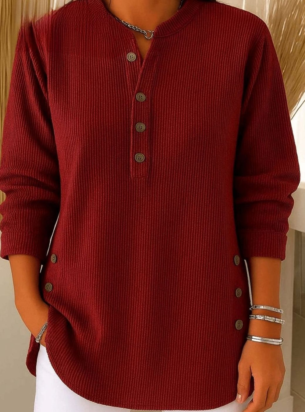Women's Relaxed-Fit Longline Henley Ribbed Tunic Top - Burgundy