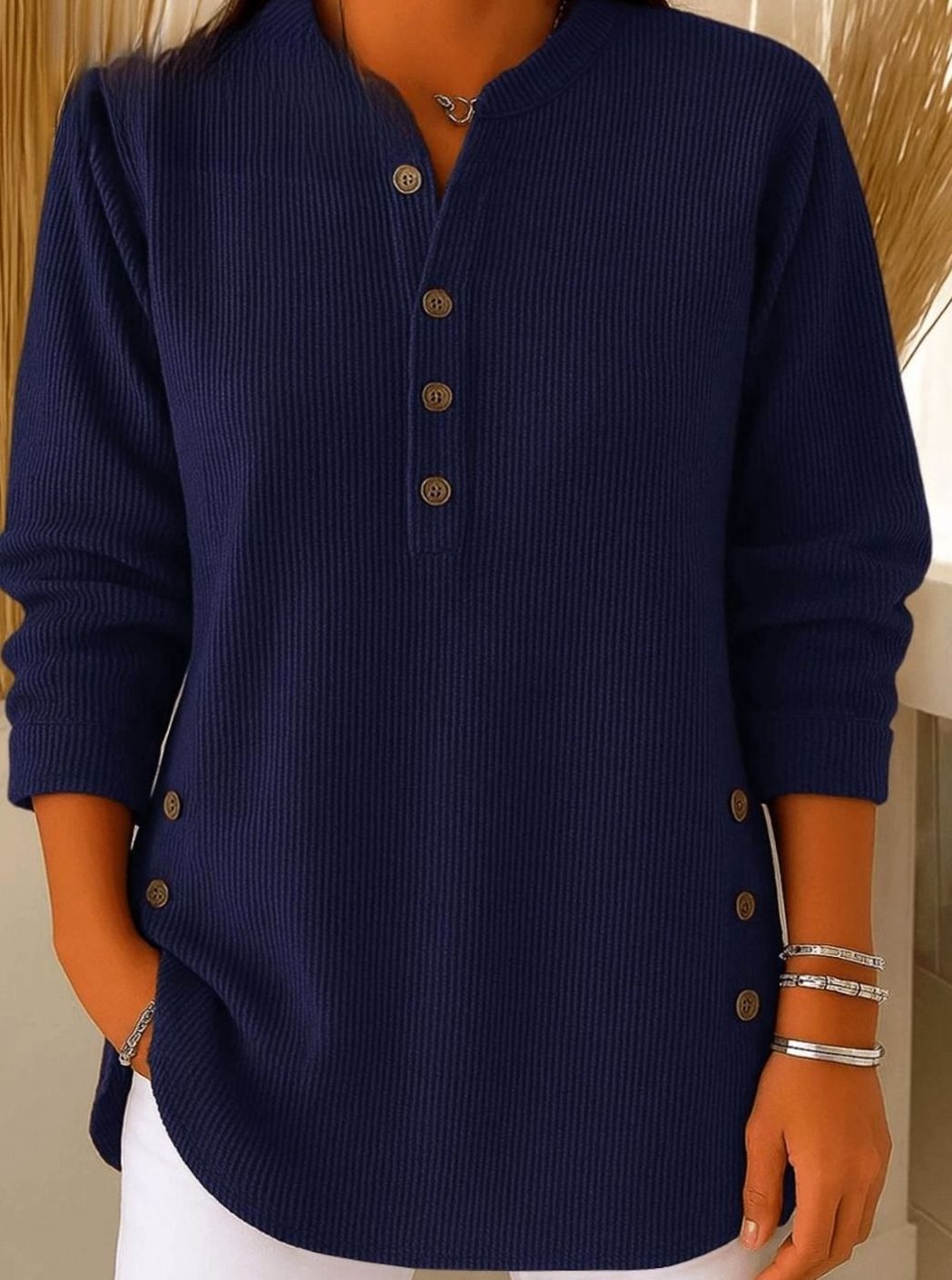 Women's Relaxed-Fit Longline Henley Ribbed Tunic Top - Navy Blue