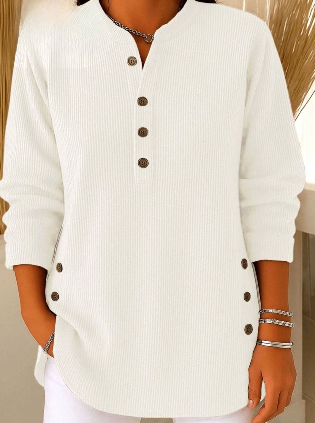 Women's Relaxed-Fit Longline Henley Ribbed Tunic Top - White
