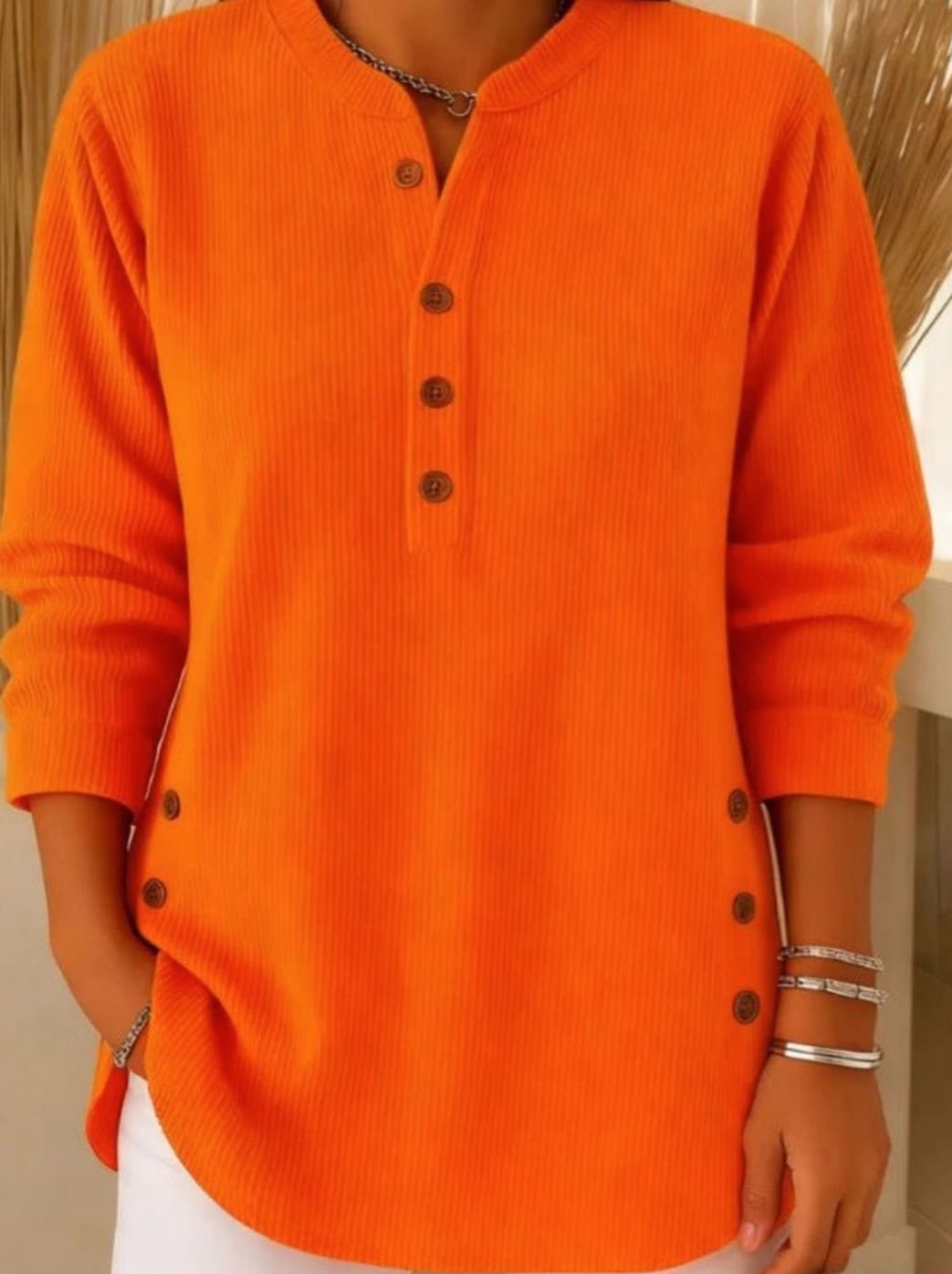 Women's Relaxed-Fit Longline Henley Ribbed Tunic Top - Orange