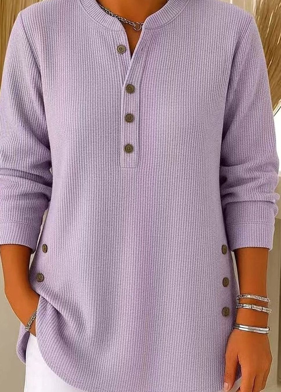 Women's Relaxed-Fit Longline Henley Ribbed Tunic Top - Lavender
