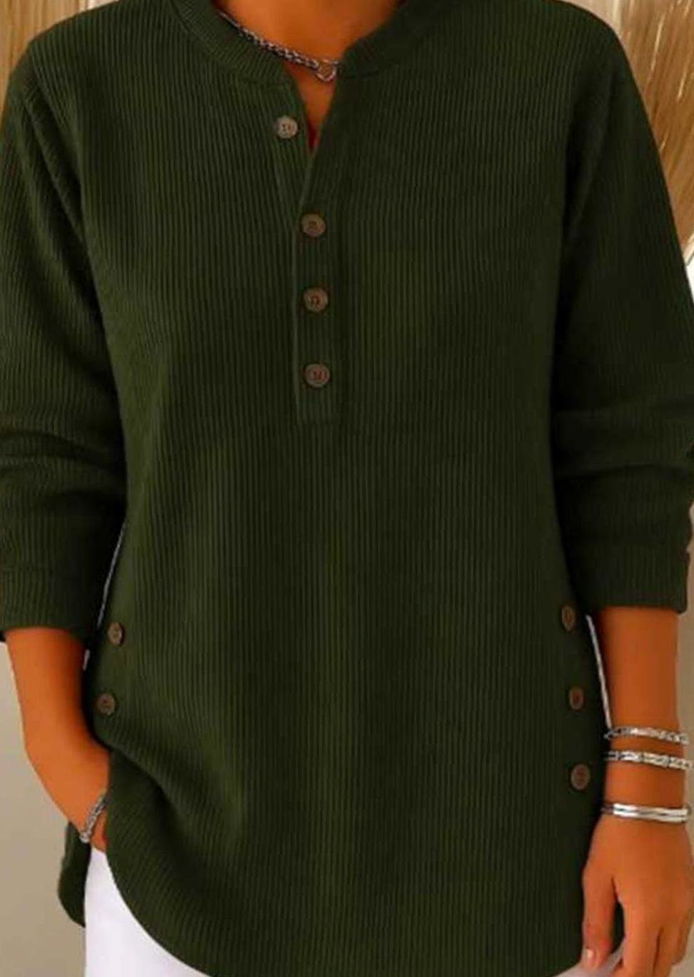 Women's Relaxed-Fit Longline Henley Ribbed Tunic Top - Dark Green