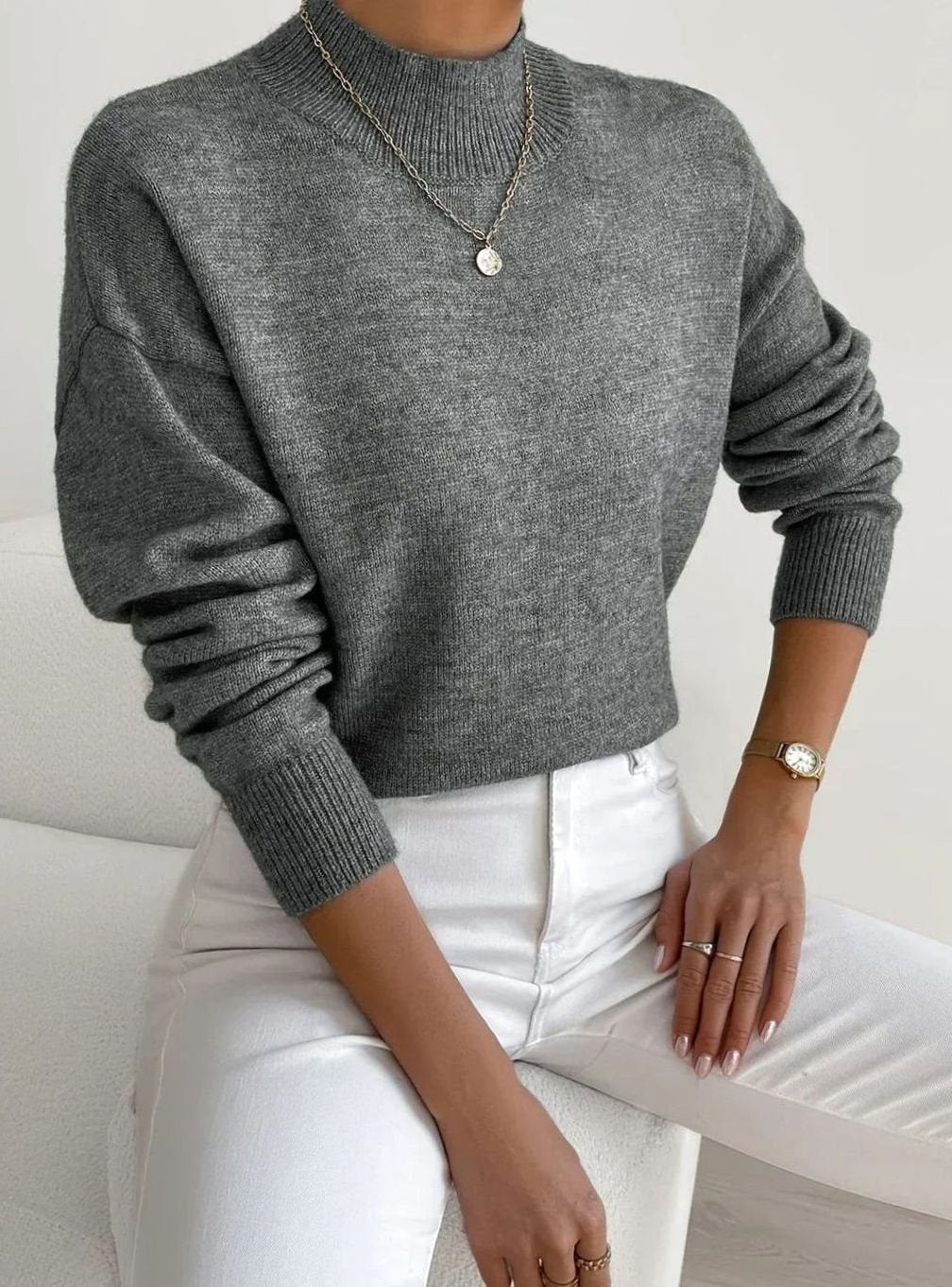 Women's Relaxed-Fit Mock-Neck Knit Turtleneck Jumper - Dark Grey