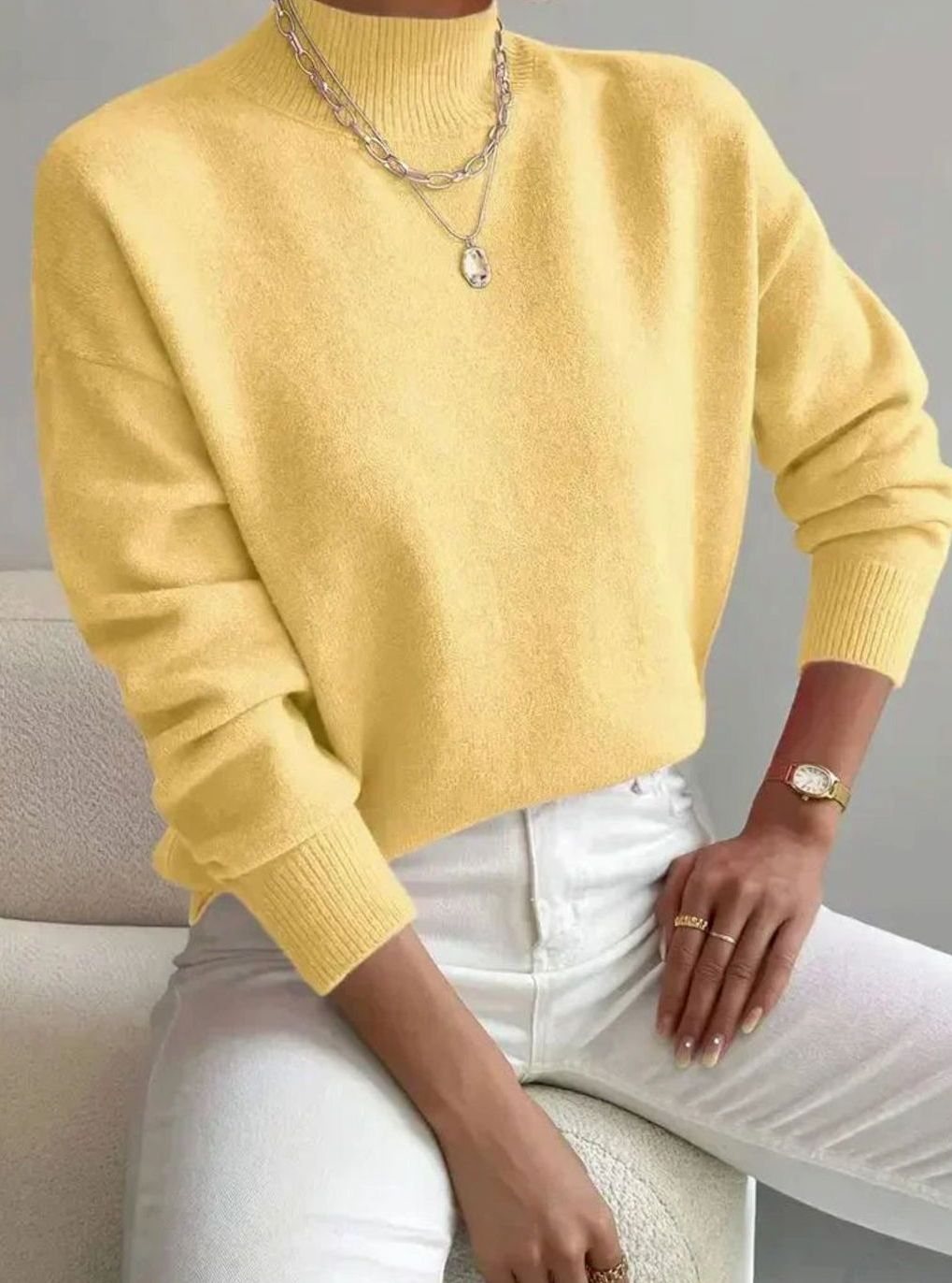 Women's Relaxed-Fit Mock-Neck Knit Turtleneck Jumper - Yellow