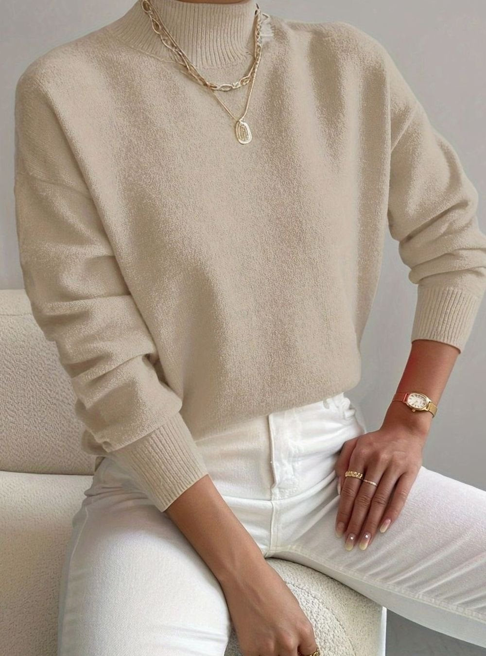 Women's Relaxed-Fit Mock-Neck Knit Turtleneck Jumper - Beige